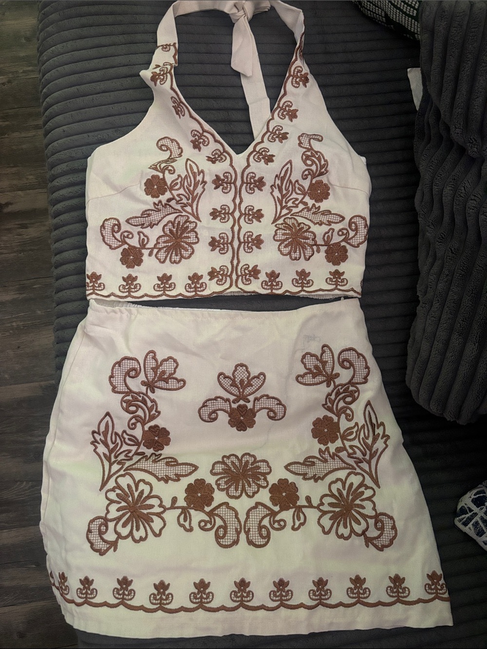 SHEIN White Halter Smocked Crop Top & Embroidered Skirt Set
